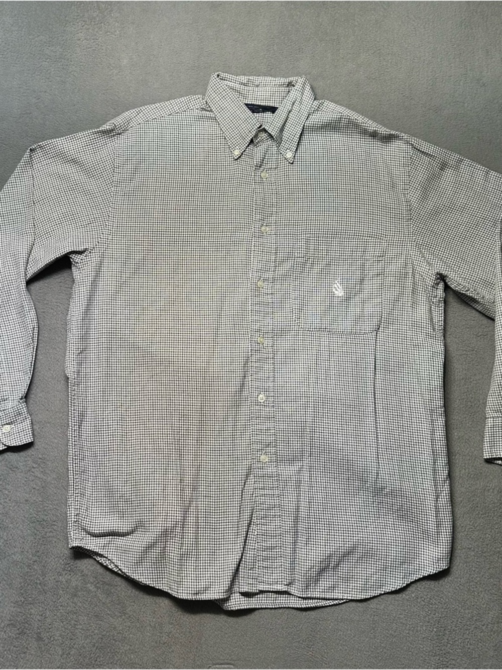 Nautica Mens Medium Button Down Shirt Gray Check Pocket Logo Classic Fit EUC